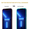 Comparing the standard MyBat iPhone 13 Pro Max screen protector to the MyBat 13 Pro Max full coverage screen protector.