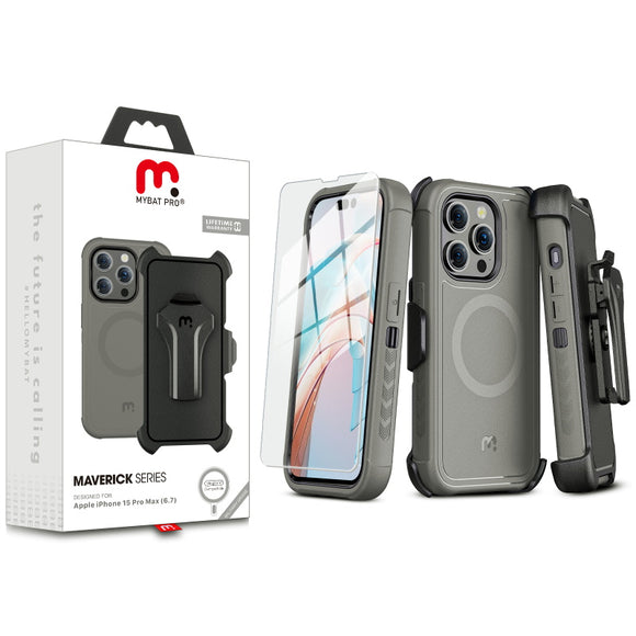 MyBat Pro Antimicrobial Maverick Series w/ MagSafe Case with Holster and Tempered Glass for Apple iPhone 15 Pro Max (6.7) - Gray
