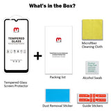 Image displaying what is included within the Full Coverage Tempered Glass box. Includes Tempered Glass Screen Protector, packing list, microfiber cleaning cloth, alcohol swab, dust removal sticker and guide stickers.