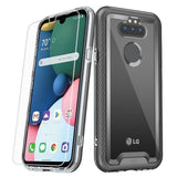Black MyBat Pro Lux Series slim & sleek, with a texturized bumper & clear smooth back tough case with tempered glass for the  LG K31 / Aristo 5 / Fortune 3 / Tribute Monarch / Phoenix 5