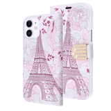 Eiffel Tower Diamond Wallet Case with Bedazzled Closure Strap for Apple iPhone 12 mini