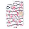 Pink Flowers and Black Horizontal Lines Diamond Wallet Case with Bedazzled Closure Strap for Apple iPhone 12 & iPhone 12 Pro.