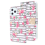 Pink Flowers and Black Horizontal Lines Diamond Wallet Case with Bedazzled Closure Strap for Apple iPhone 12 & iPhone 12 Pro.