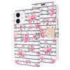 Pink Flowers and Black Horizontal Lines Diamond Wallet Case with Bedazzled Closure Strap for Apple iPhone 12 mini