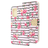 Pink Flowers and Black Horizontal Lines Diamond Wallet Case with Bedazzled Closure Strap for Samsung Galaxy S20 Plus