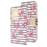 Pink Flowers and Black Horizontal Stripes Diamond Wallet Case with Bedazzled Closure Strap for Samsung Galaxy S20 Ultra