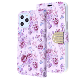 Purple Flowers Diamond Wallet Case with Bedazzled Closure Strap for Apple iPhone 12 & iPhone 12 Pro.