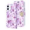 Purple Flowers Diamond Wallet Case with Bedazzled Closure Strap for Apple iPhone 12 mini